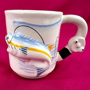 Vintage 70s 80s 3D Fishing‎ Fish Reel Coffee Mug Cup Tea Emson Fisherman Gift